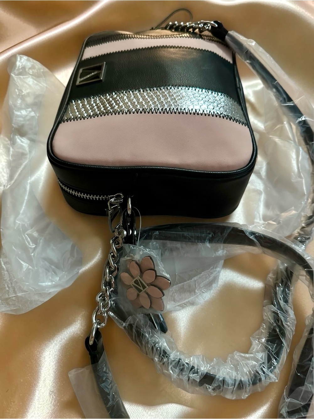 Victoria's Secret Black and Blush Crossbody with Floral Charm